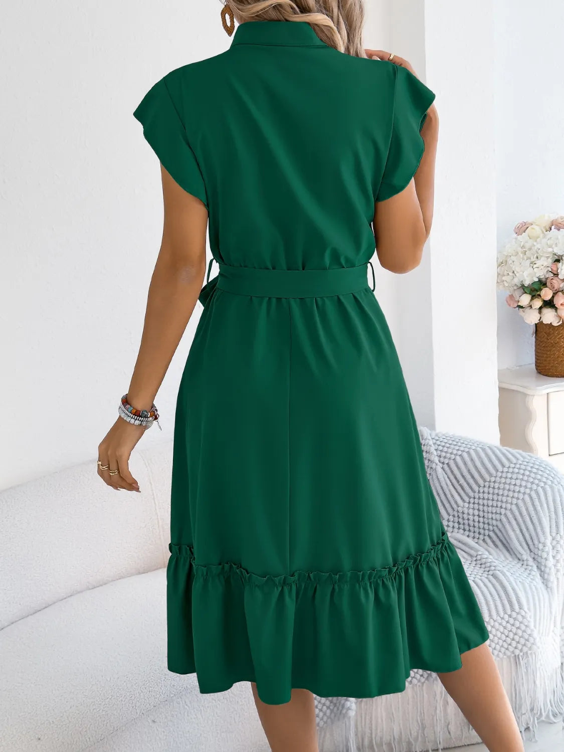 Tie-Waist Ruffled Cap Sleeve Dress