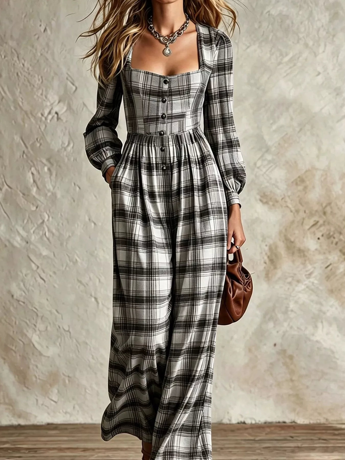 Plaid Square Neck Long Sleeve Wide Leg Jumpsuit