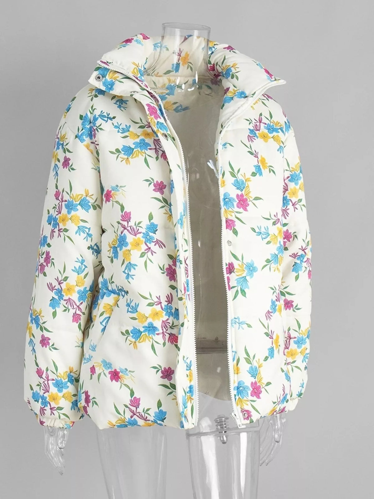 Floral Print Puffer Jacket in White by Prisca