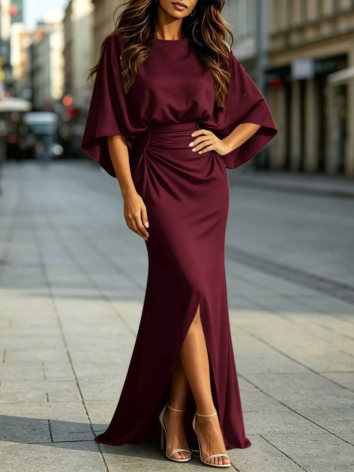 Zip-Back Ruched Waist Maxi Dress