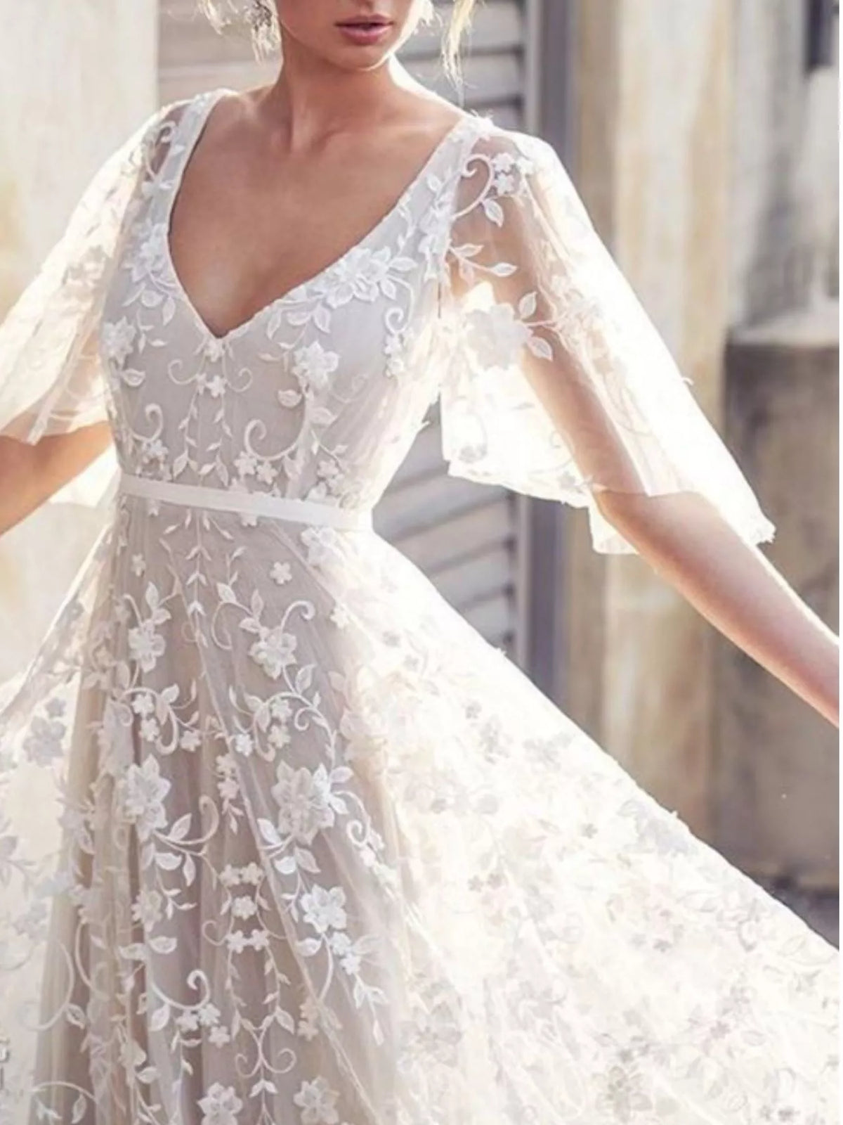 Lace Flutter Sleeve V-Neck Dress in White
