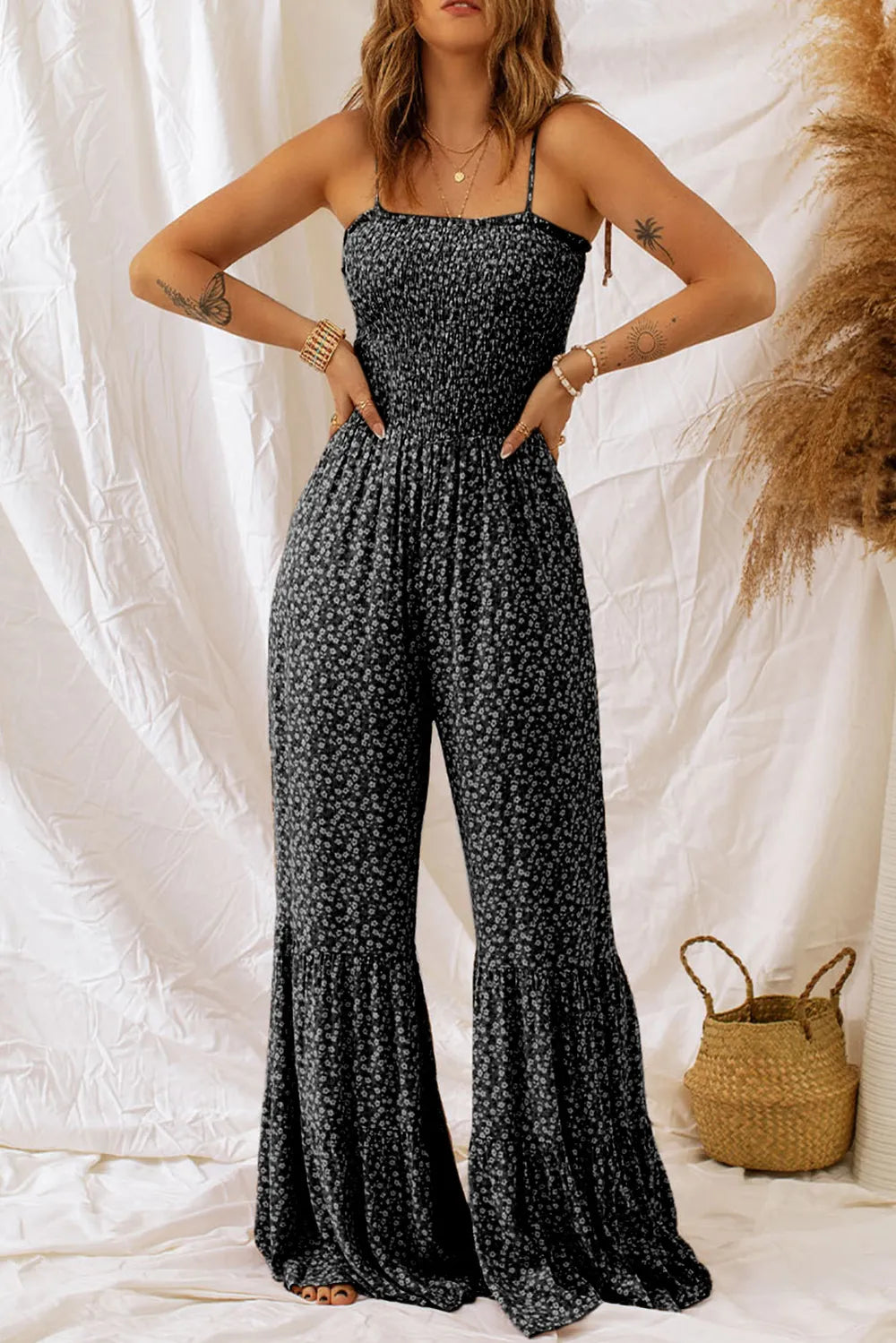 Floral Spaghetti Strap Wide Leg Jumpsuit in Black