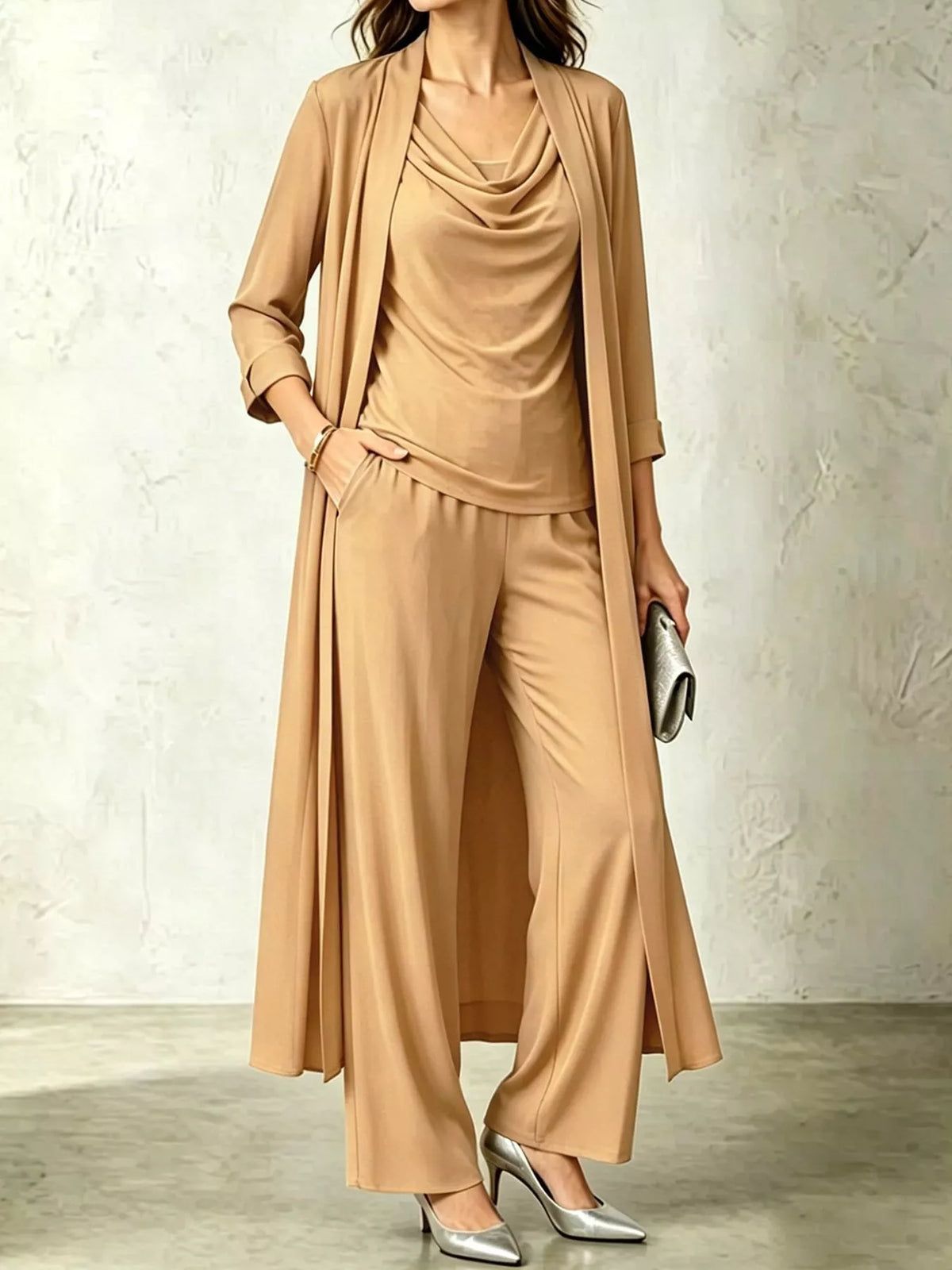 Cowl Neck Top, Cardigan and Pants Set