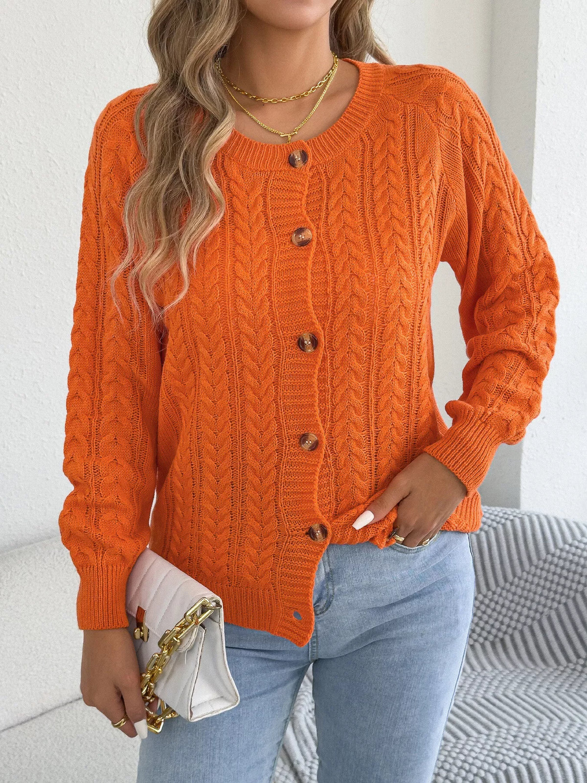 Cable-Knit Button-Front Cardigan by Clise
