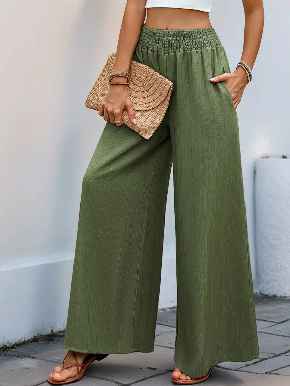 Smocked Wide Leg Pants in Moss
