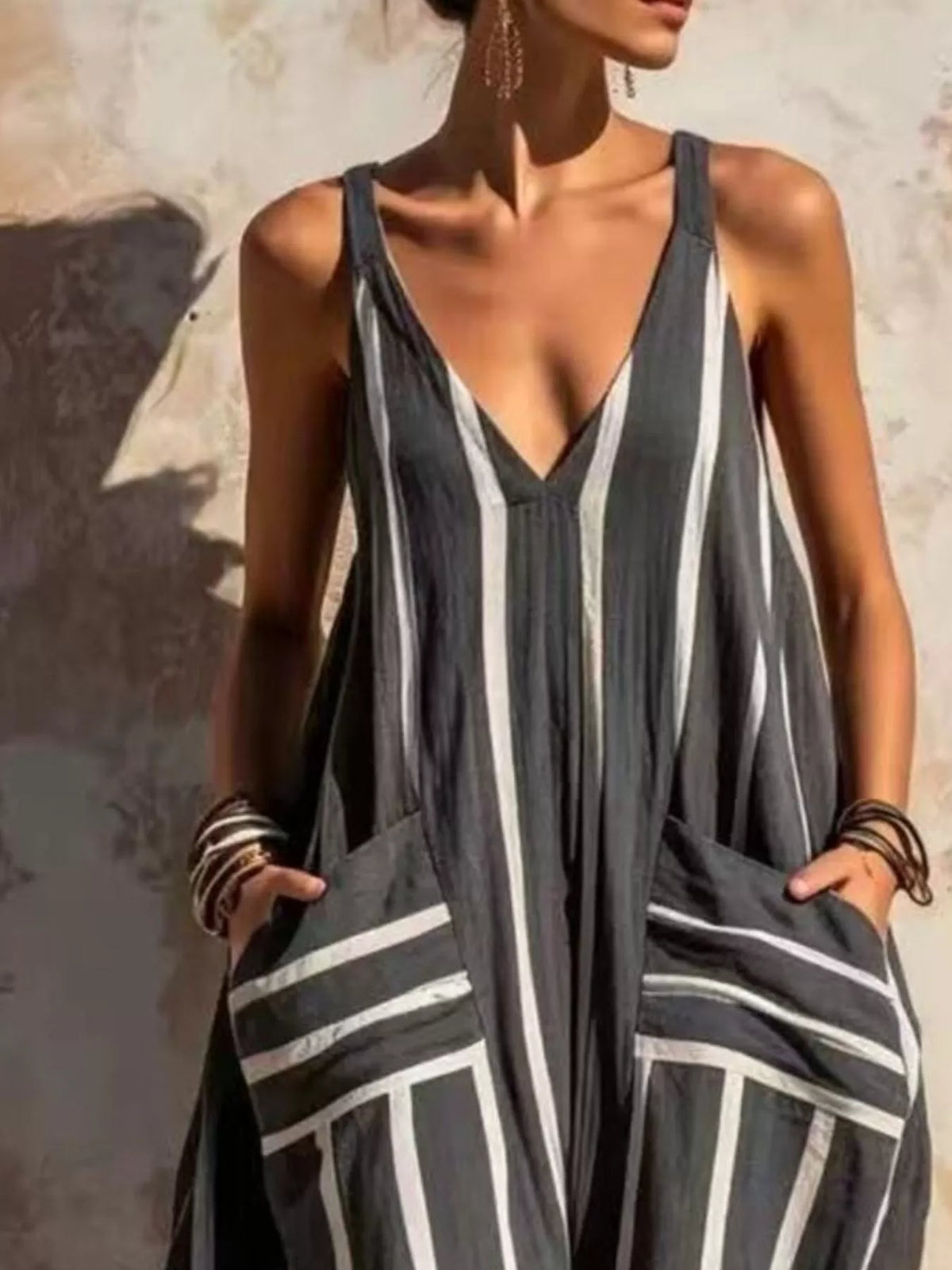 Striped V-Neck Sleeveless Wide-Leg Jumpsuit