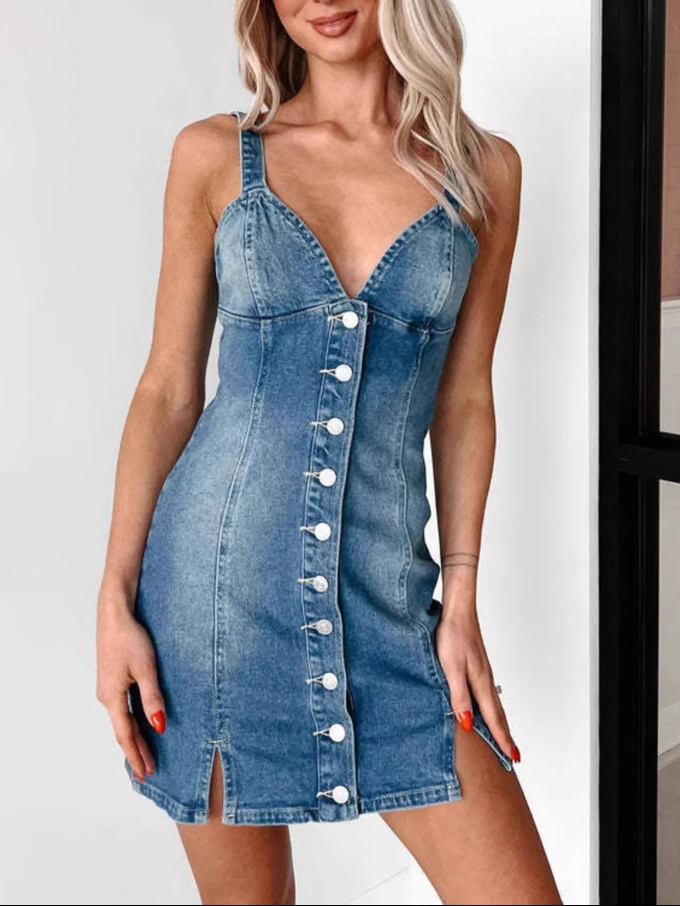 Button-Front Sweetheart Denim Mini Dress in Medium Wash