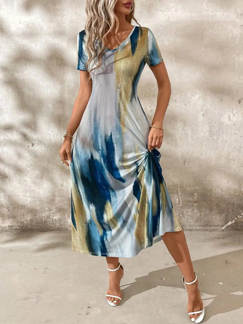 Tie-Dye V-Neck Pocketed Midi Tee Dress by Sara Roman