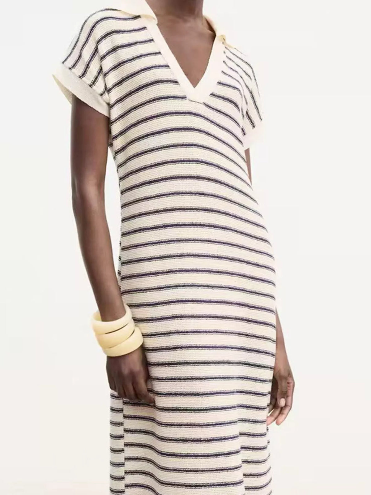 Striped Slit Short-Sleeve Maxi Dress