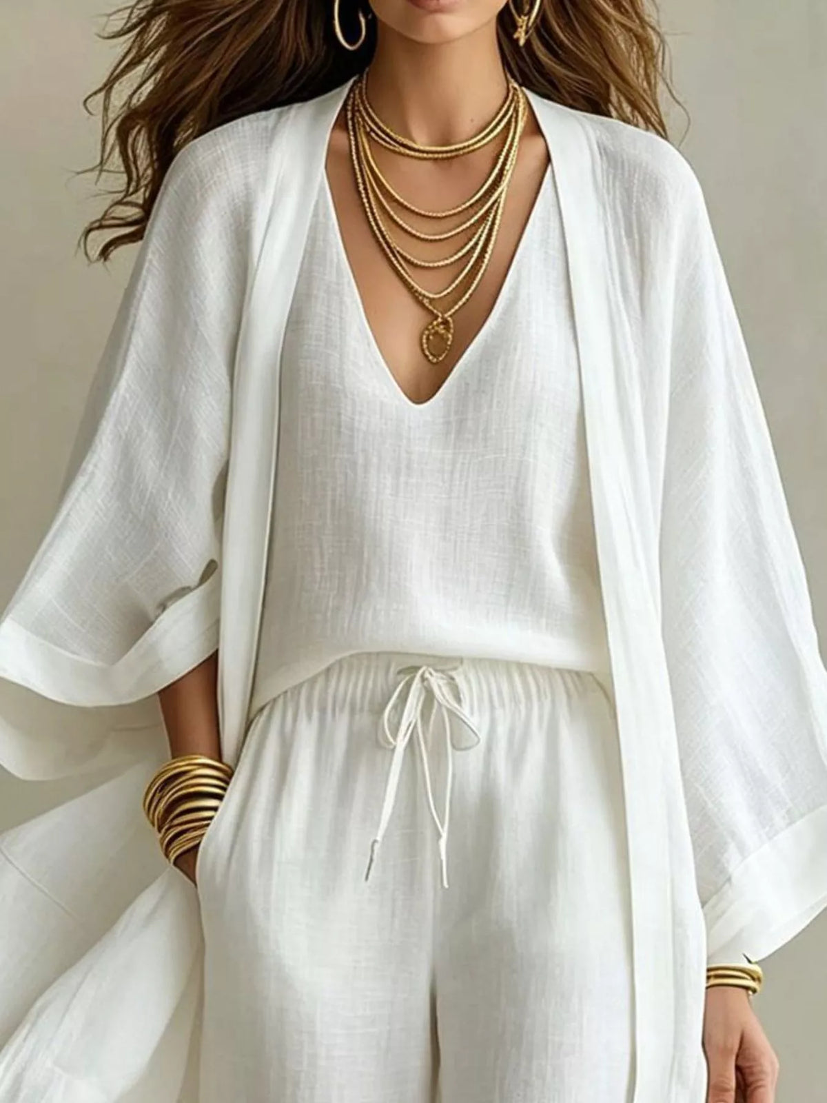 V-Neck Top, Cardigan and Pants Set