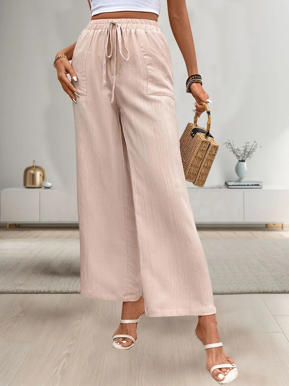 Tied Wide Leg Pants with Pockets in Apricot