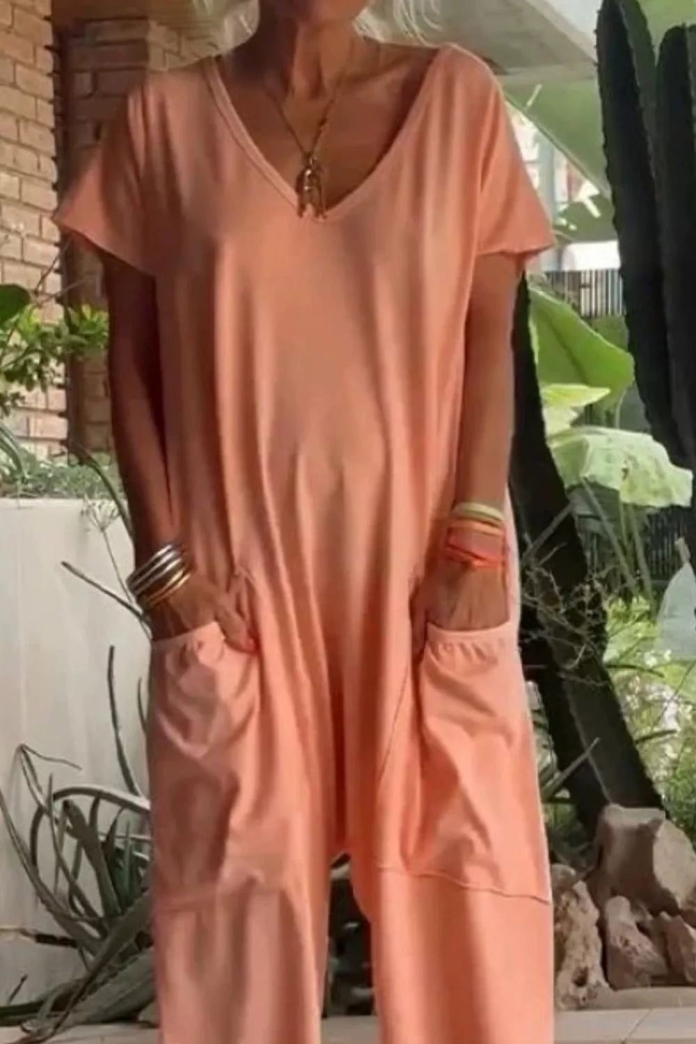 V-Neck Short Sleeve Jumpsuit with Pockets