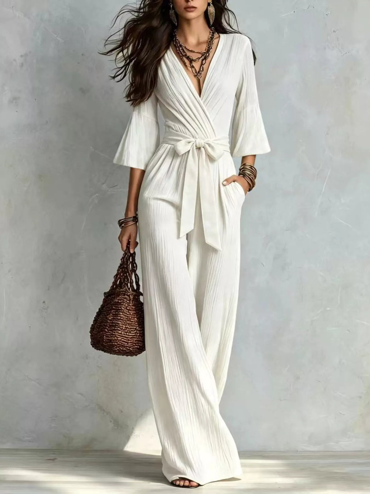 Pleated Wide-Leg Jumpsuit with Tie Waist