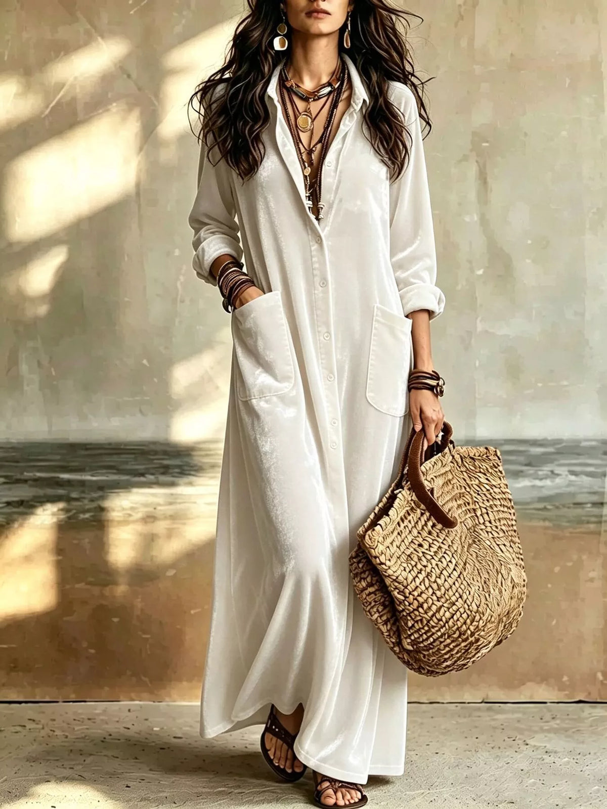 Bohemian Velvet Button-Down Maxi Dress