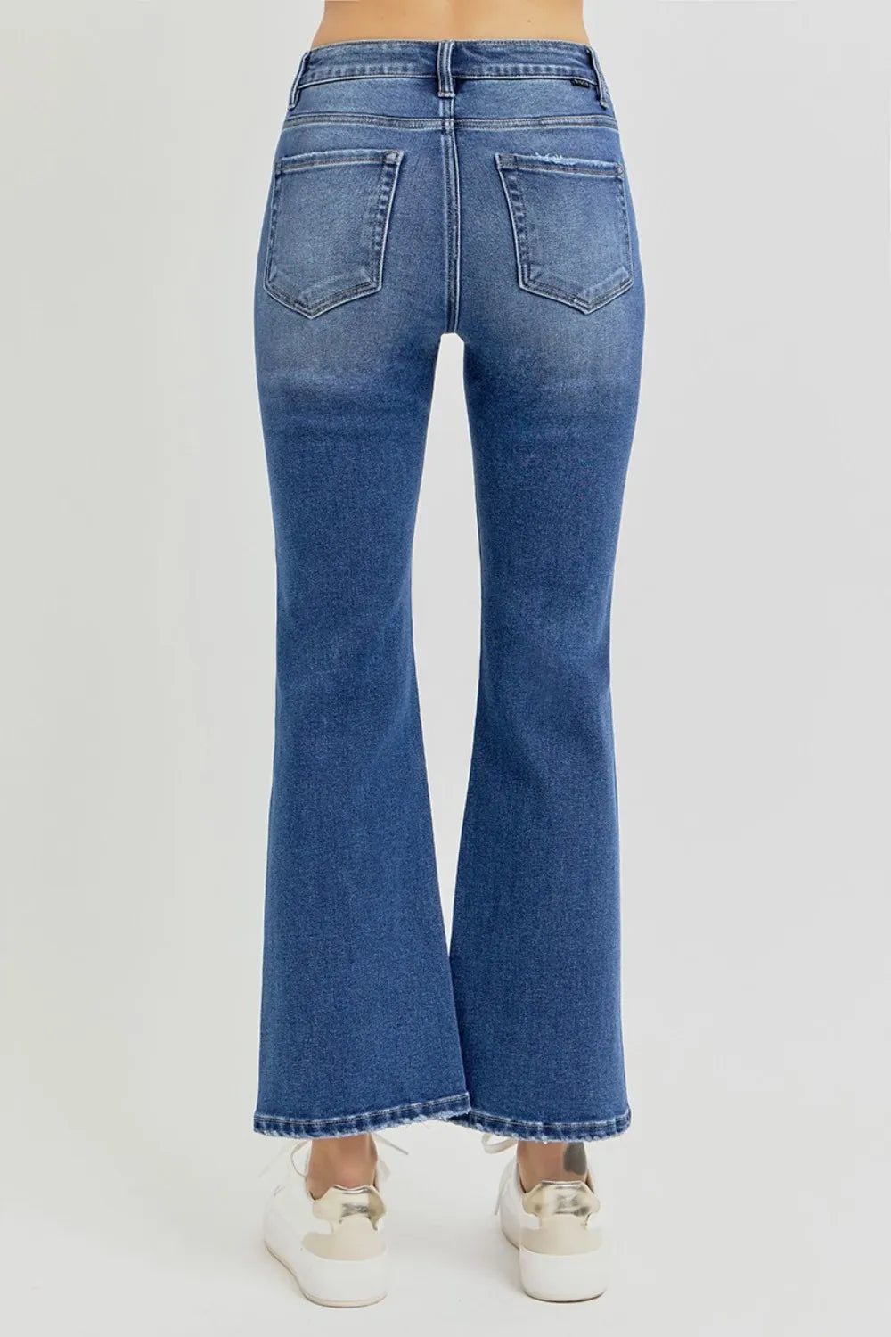 Risen High Rise Distressed Crop Flare Jeans in Dark