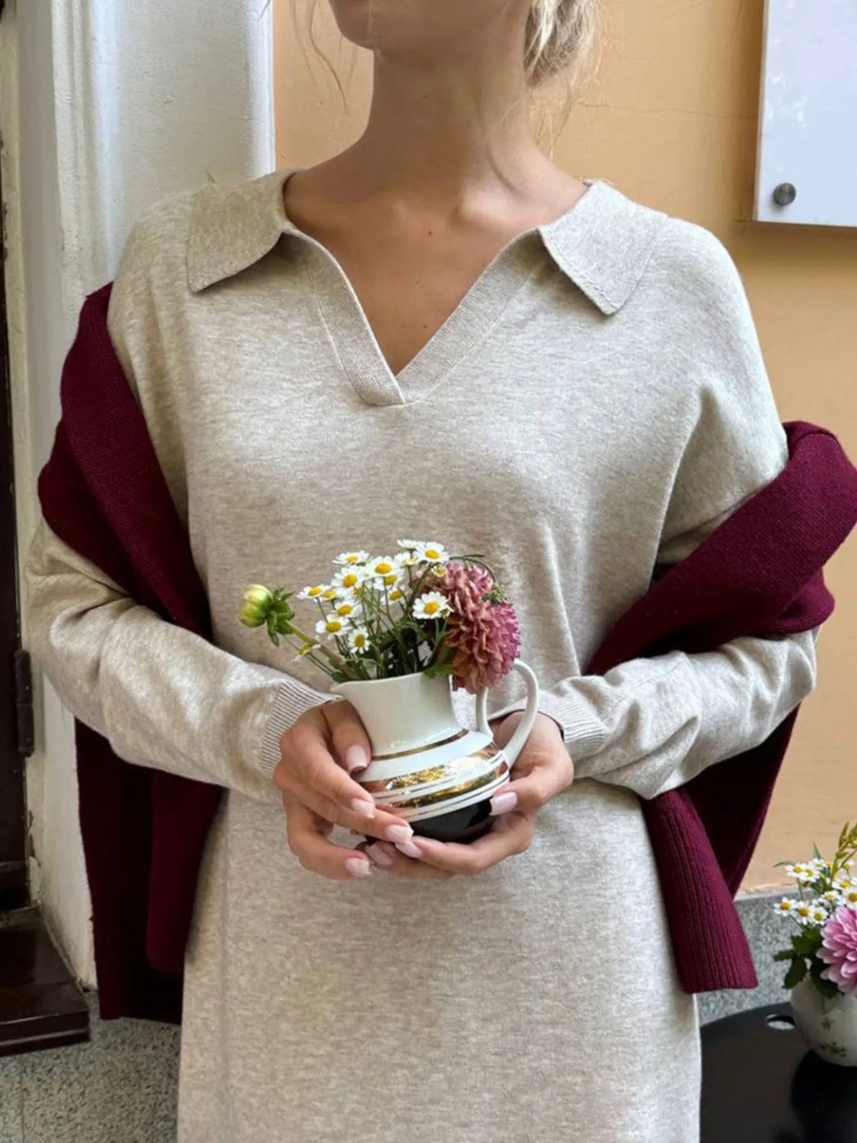 Collared Long Sleeve Knit Dress with Buttons