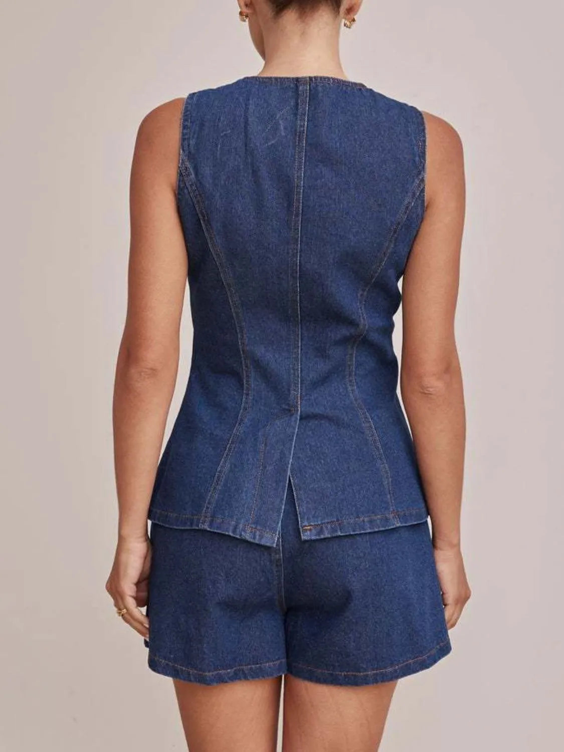 Button-Down Vest and Shorts Denim Set