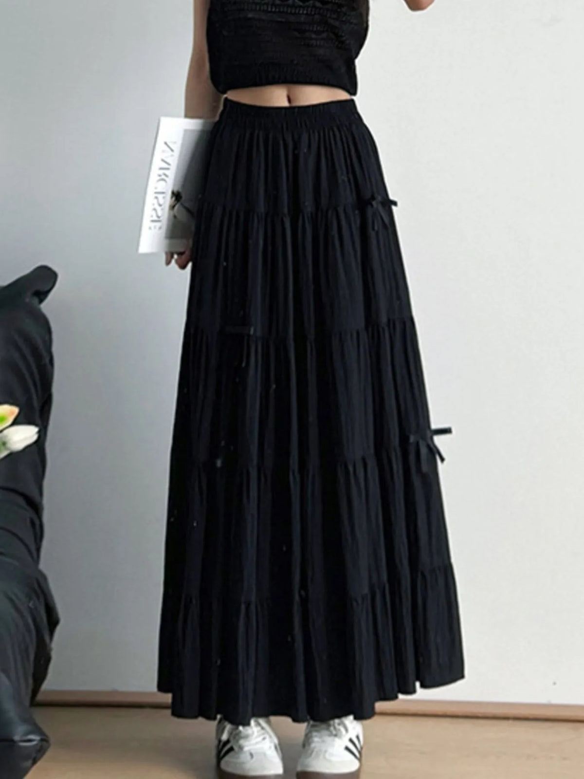 Tiered Bow Maxi Skirt with Elastic Waist