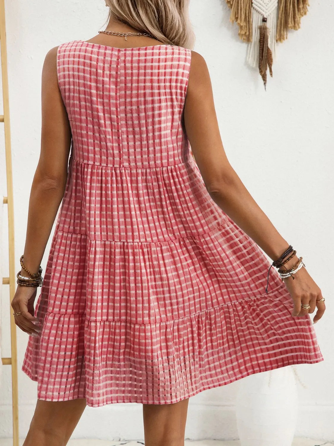 Plaid Round Neck Mini Dress