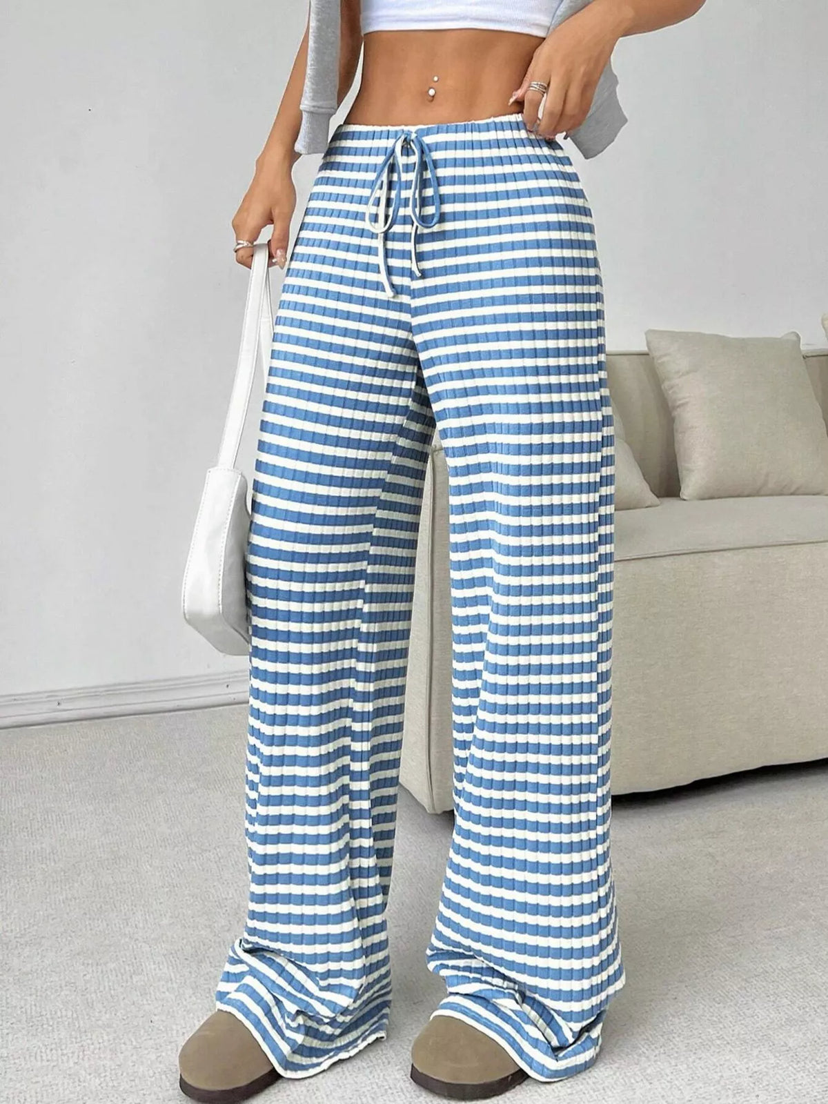 Ribbed Knit Drawstring Wide-Leg Pants