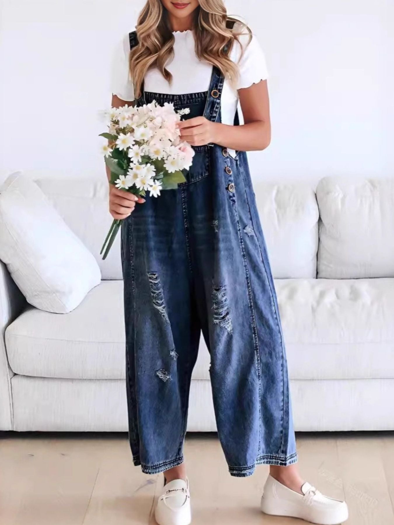 Distressed Wide Leg Denim Overalls by Dreamy Drapes