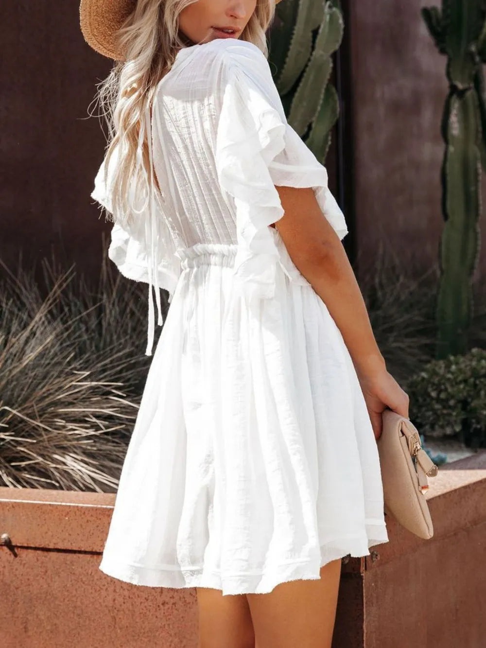 Drawstring Ruffled Mini Dress
