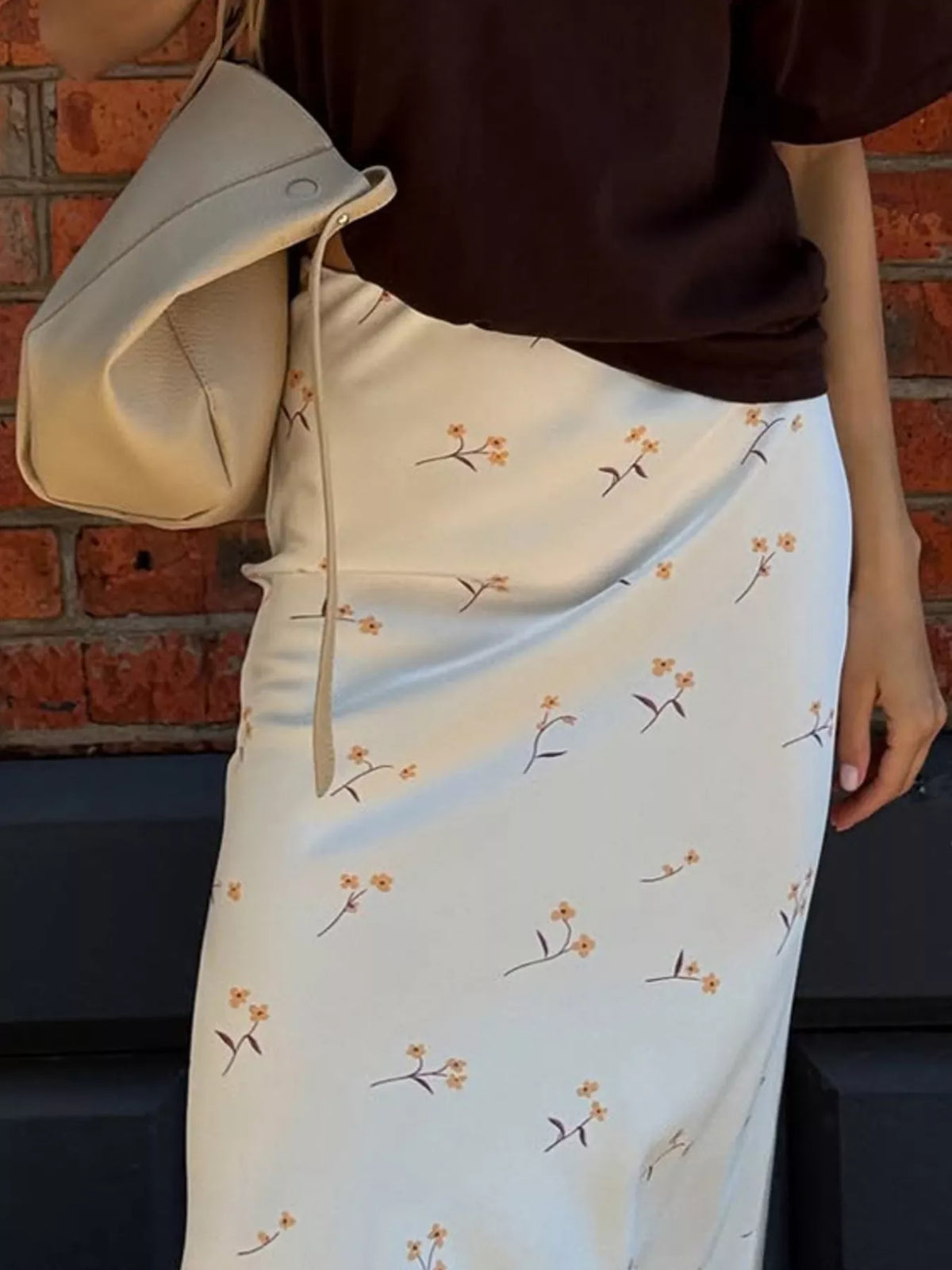 Floral Print Satin Skirt in White