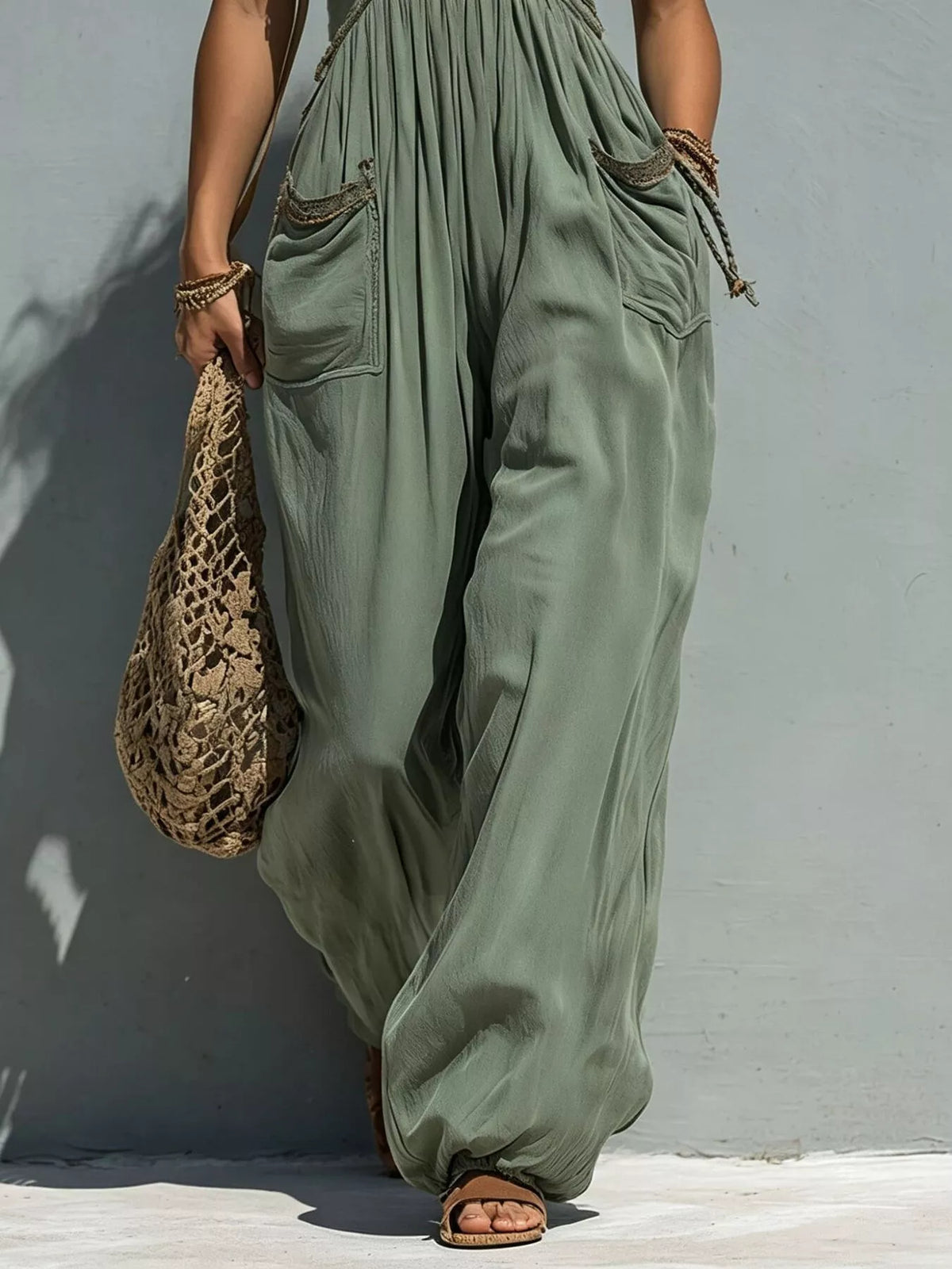 Lace Detail Wide-Leg Jumpsuit in Moss