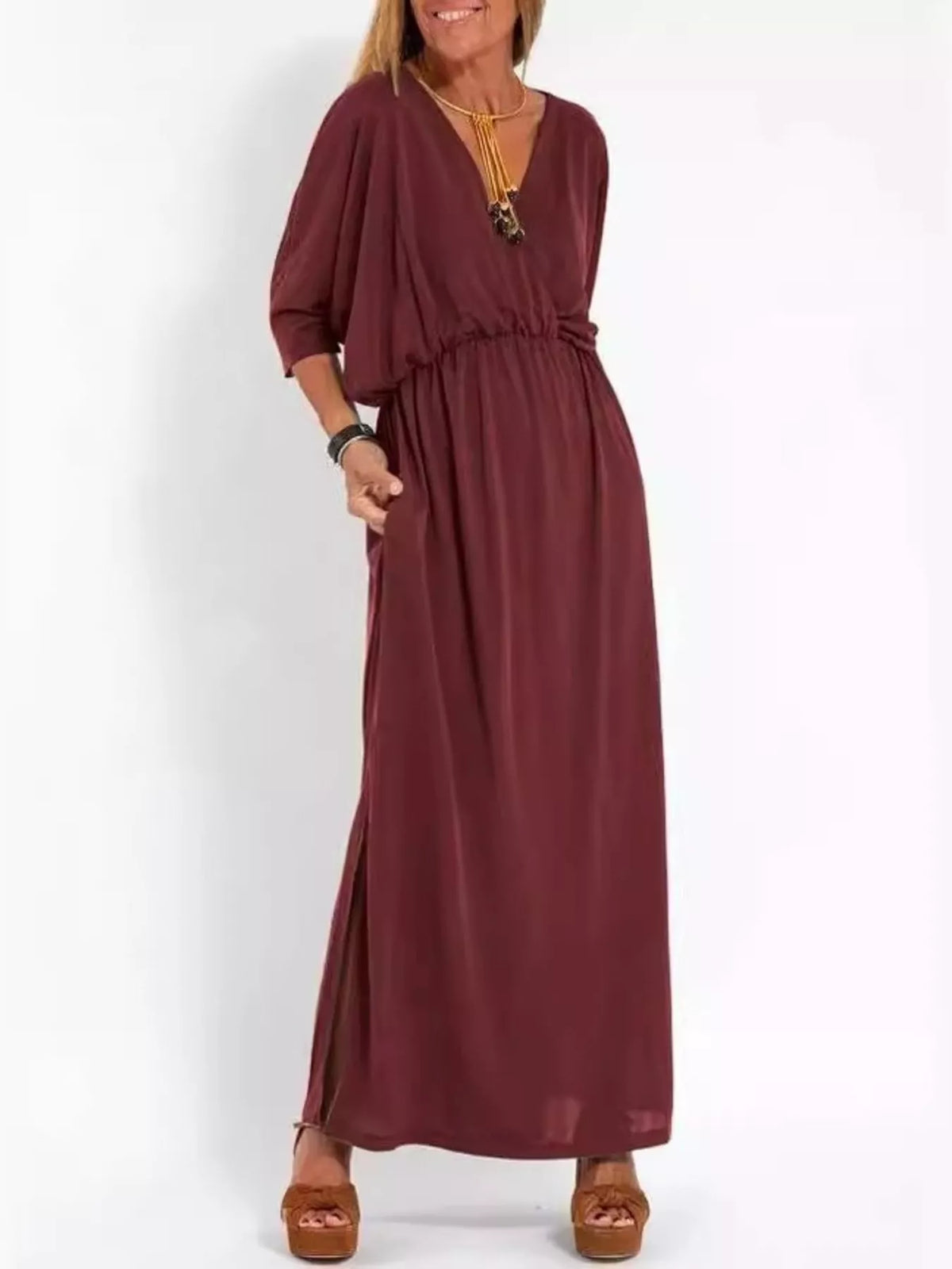 V-Neck Batwing Sleeve Maxi Dress with Pockets