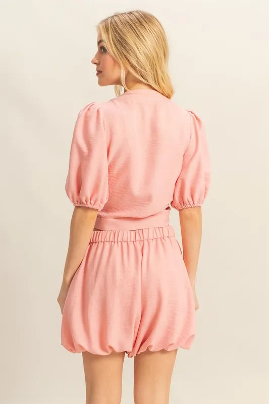 Hyfve Front Tie Top and Bubble Hem Shorts Set in Pink