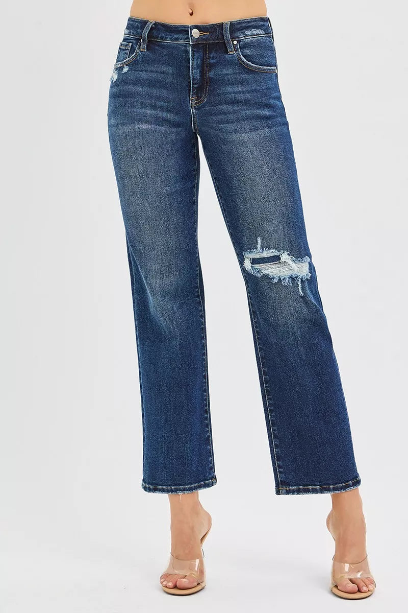 Risen High Rise Slim Straight Crop Jeans in Dark Wash