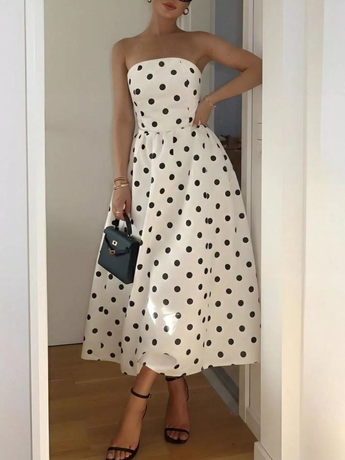 Polka Dot Strapless Midi Dress in Cream