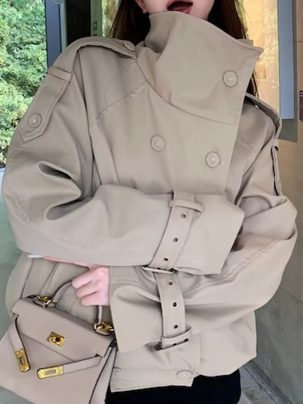 Double-Breasted Trench Jacket with Stand Collar