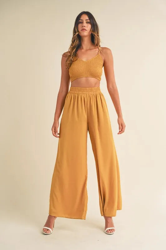 Smocked Bralette Crop Top & Wide Leg Pants Set in Gold Mustard