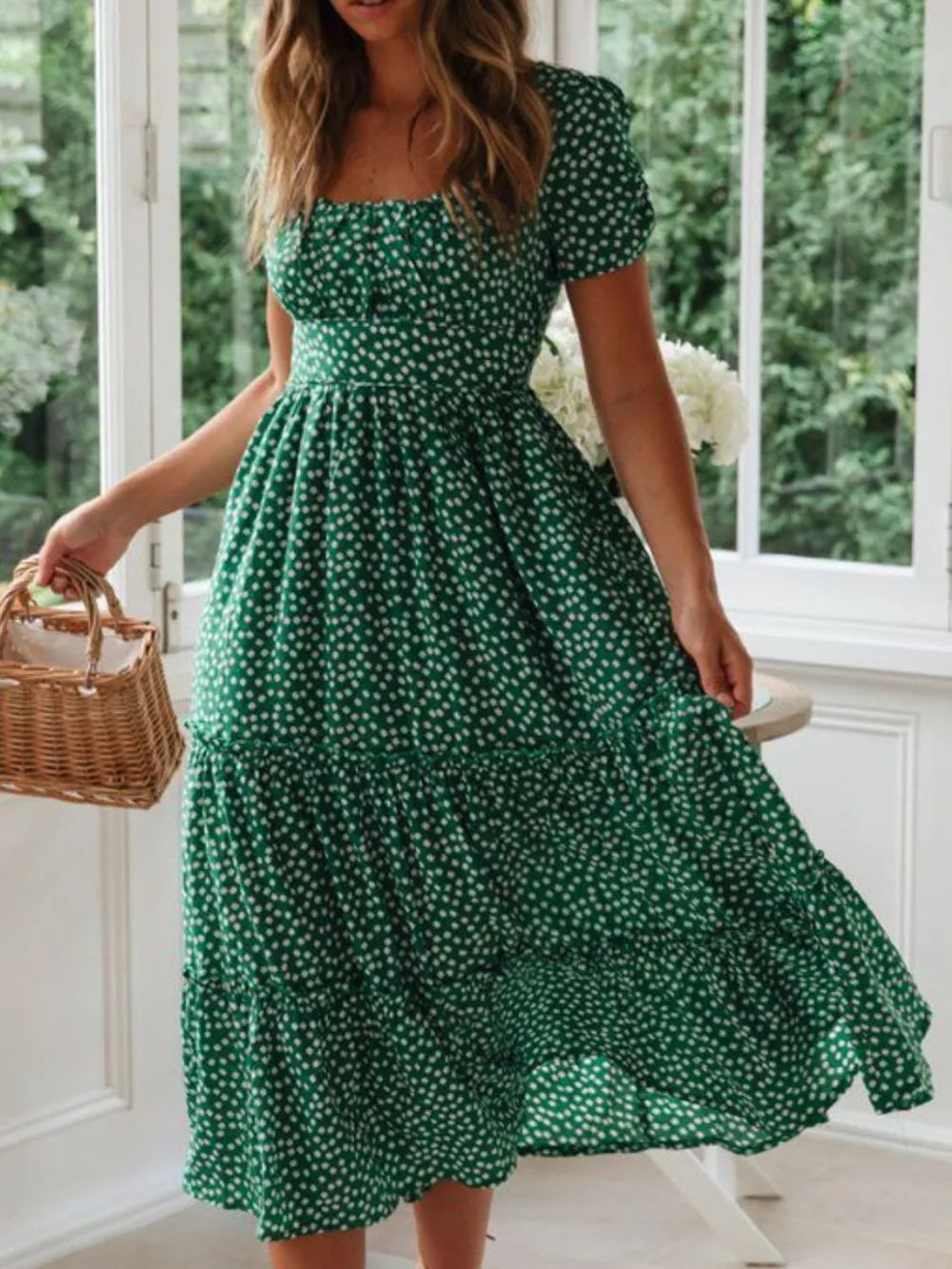Printed Square Neck Midi Dress by Ease Mee