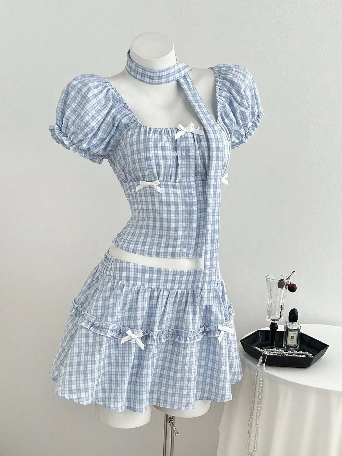 Plaid Puff Sleeve Blouse and Skirt Set in Blue