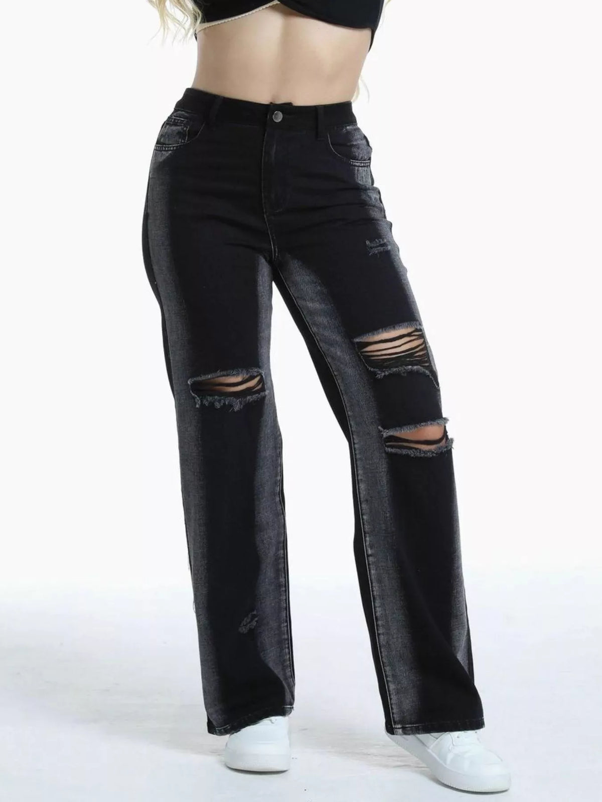 Distressed Wide-Leg Jeans in Black
