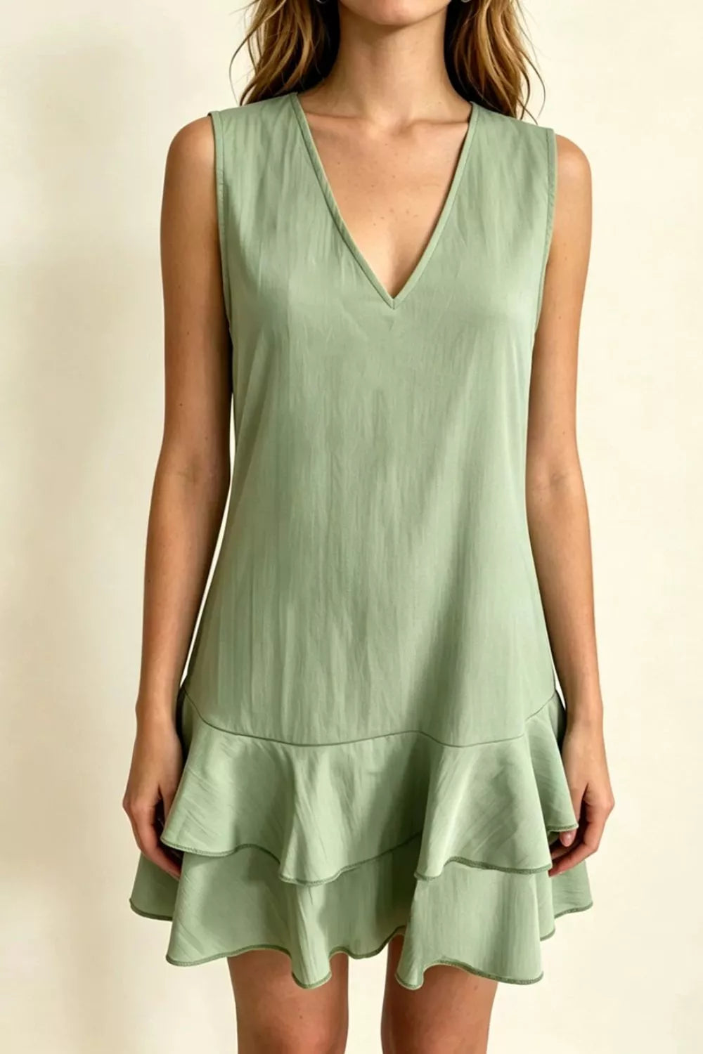 Sleeveless V-Neck Ruffle Hem Mini Dress in Beige