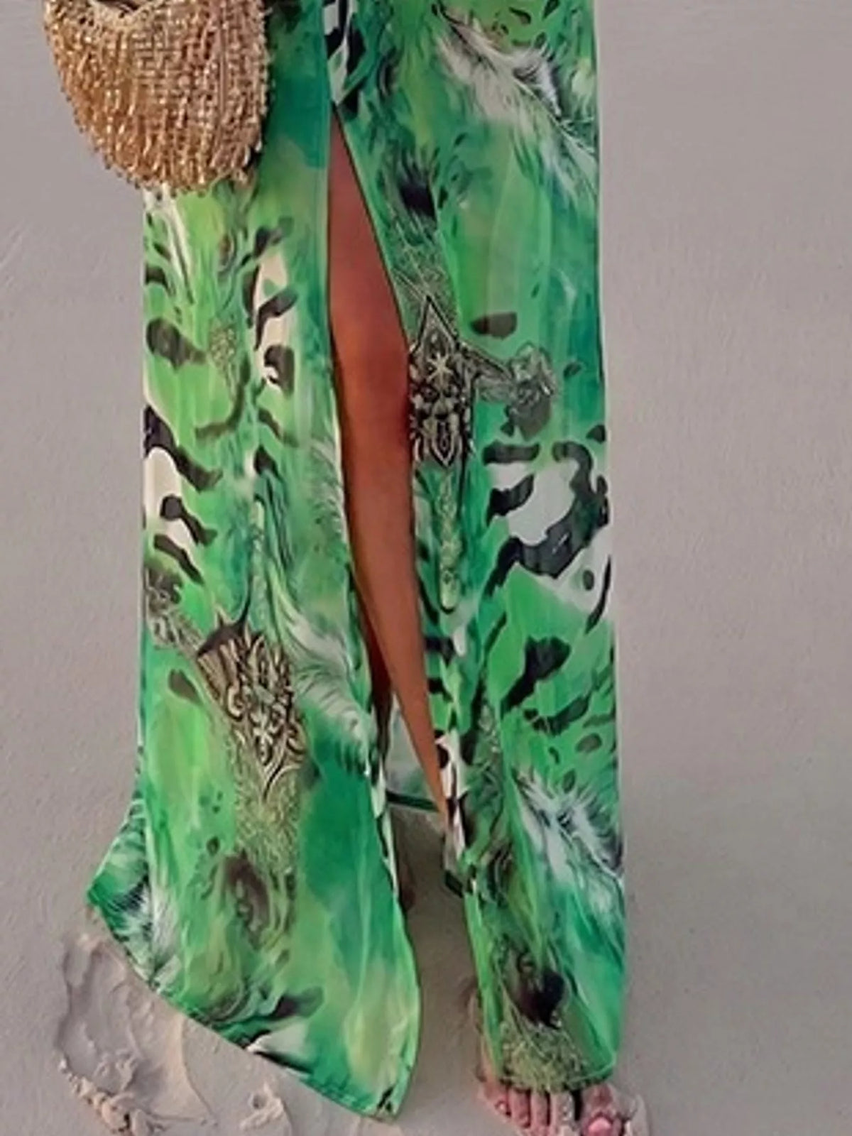 Deep V-Neck Long Sleeve Printed Maxi Dress