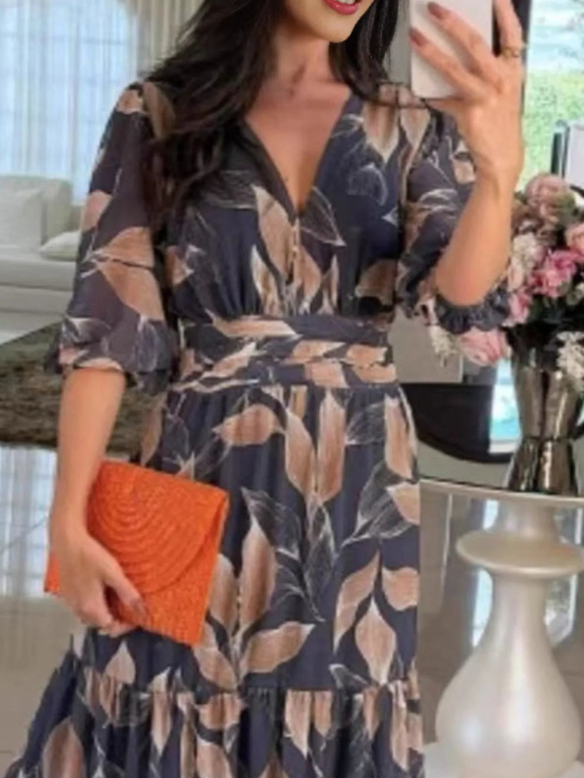 Printed V-Neck Tiered Hem Maxi Dress