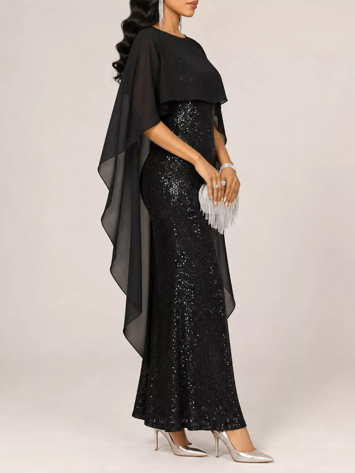 Sequin Cape-Overlay Evening Dress