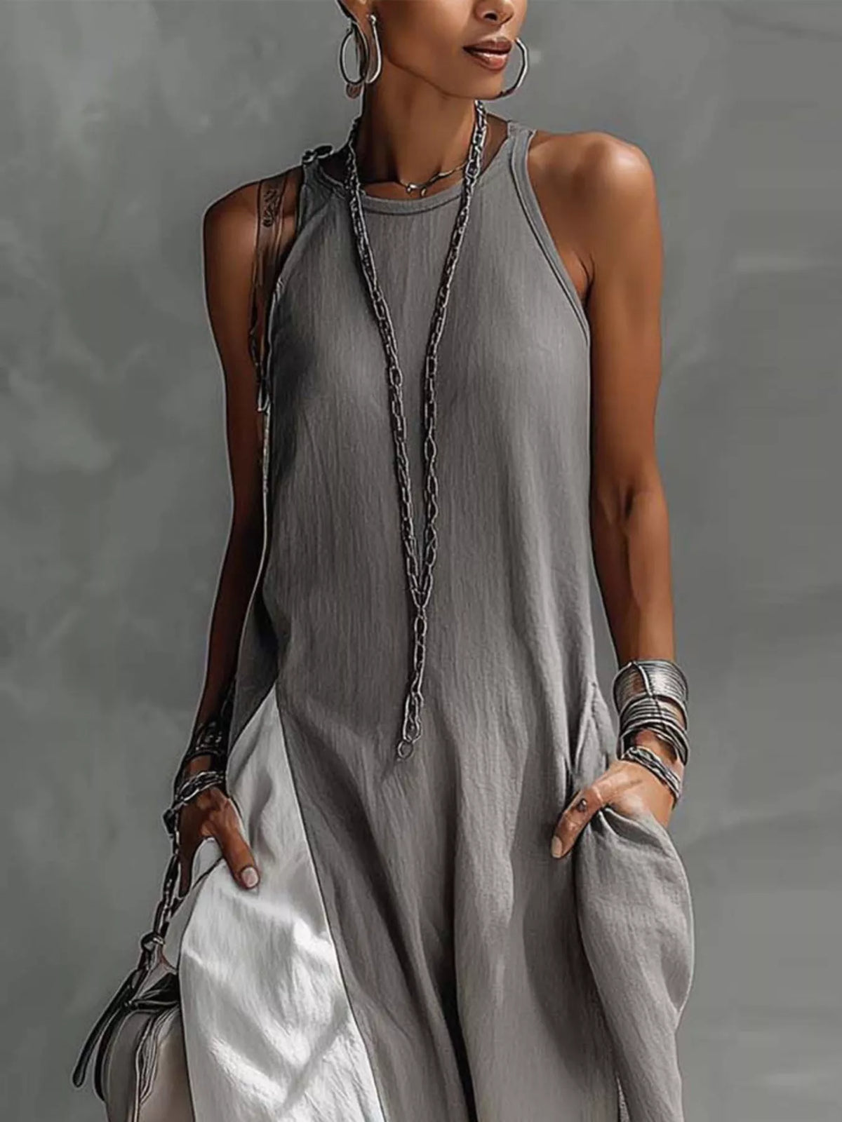 Two-Tone Sleeveless Maxi Dress with Pockets