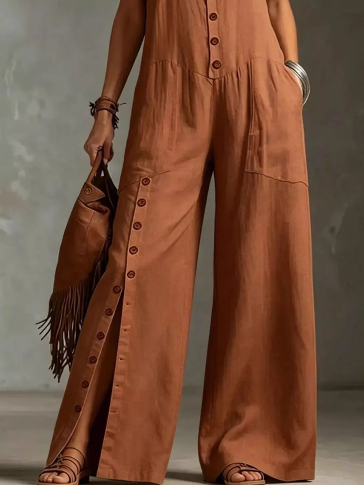 Sleeveless Button Front Wide Leg Jumpsuit Plus Size
