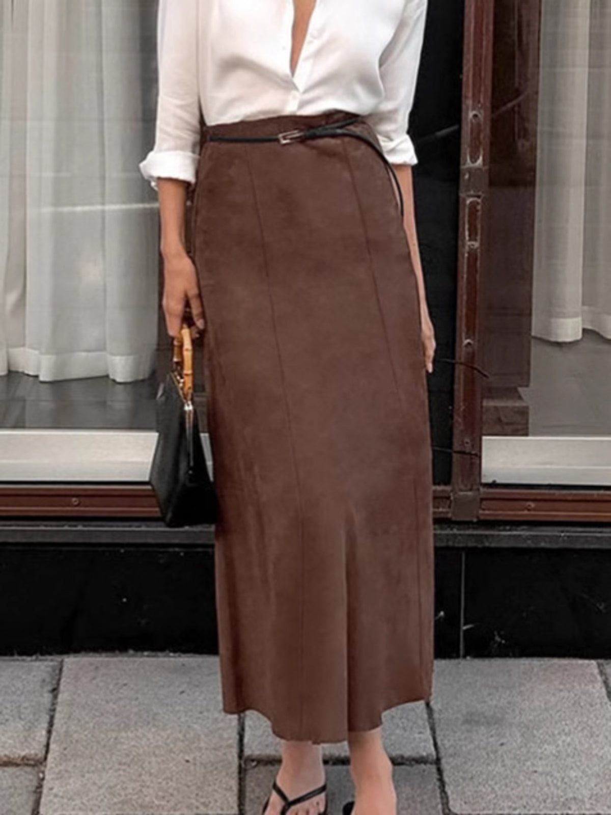 Suede Midi Skirt in Dark Brown