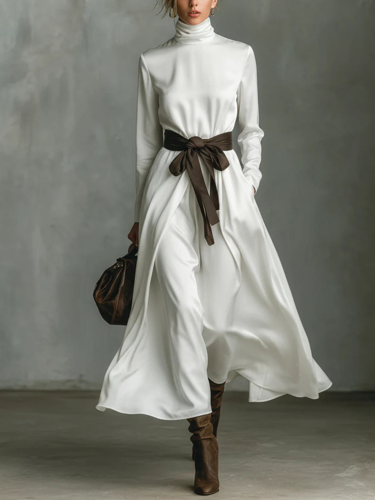 Turtleneck Tie-Waist Midi Dress in White