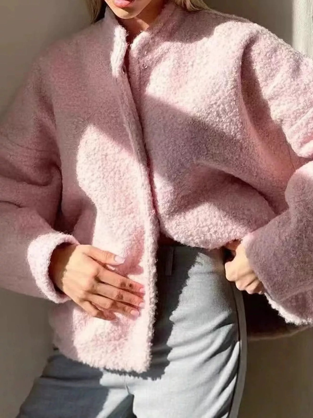 Teddy Fleece Dropped Shoulder Jacket in Pink in Pink-In Stock