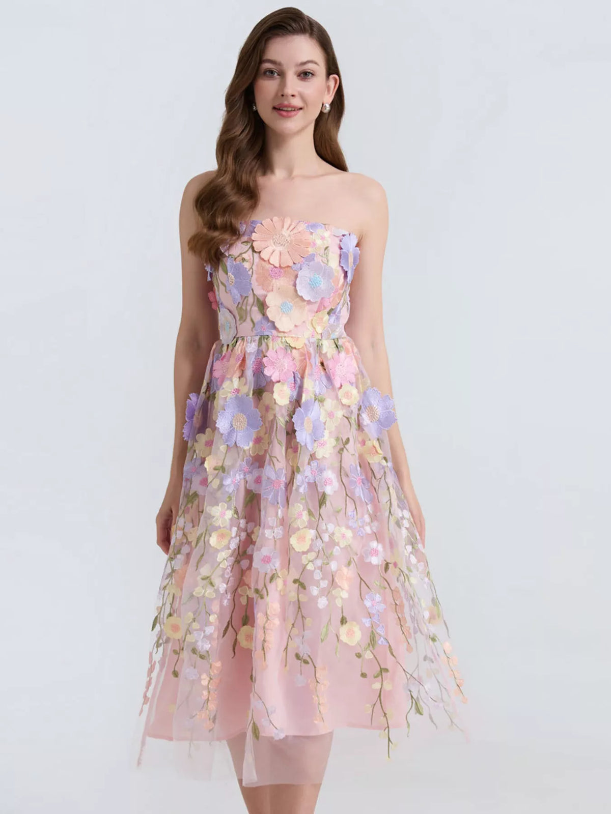 Floral Applique Strapless Midi Dress, Lined