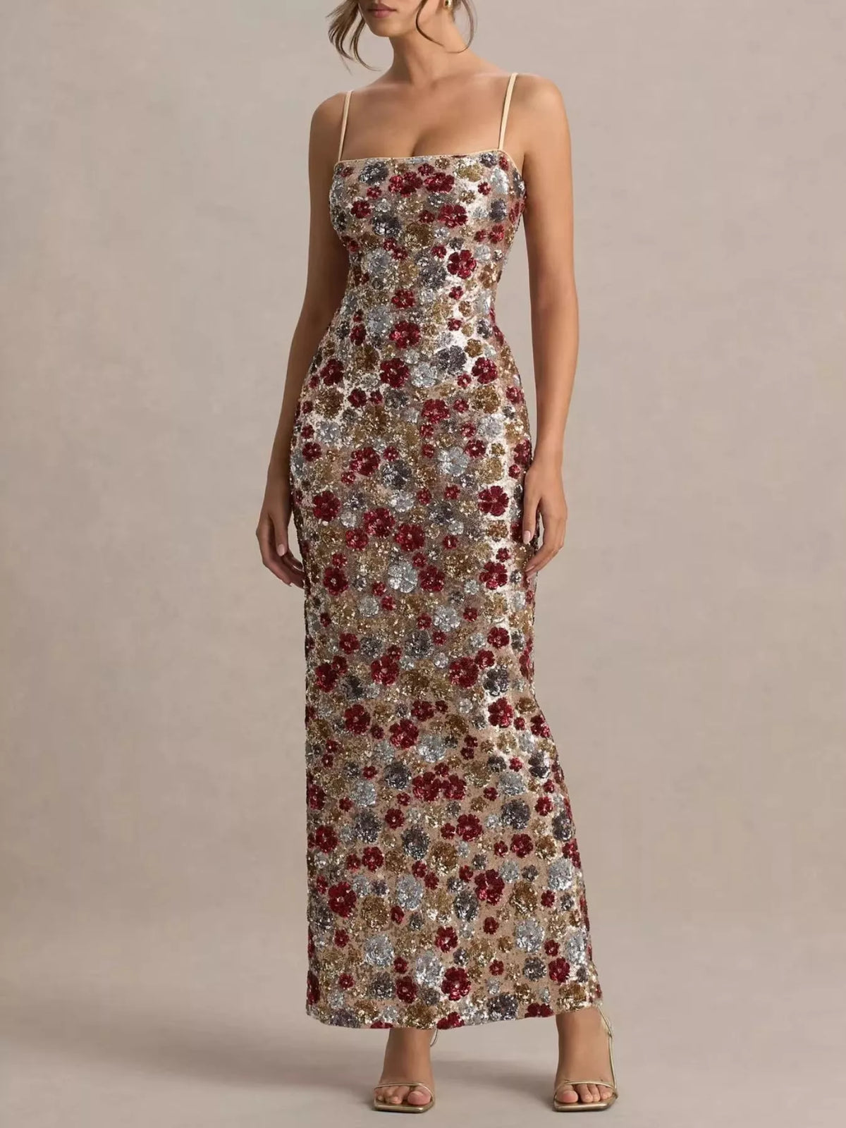 Slit Floral Sequin Bodycon Maxi Dress in Multicolor