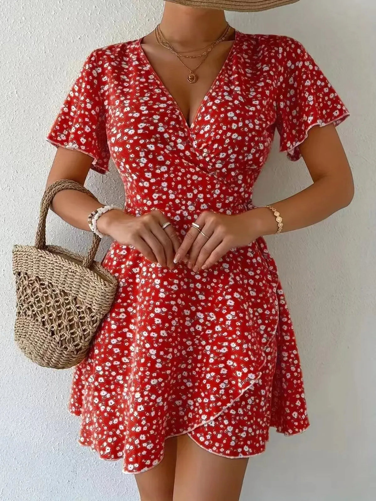 Floral Flutter Sleeve Wrap Mini Dress by Elaine