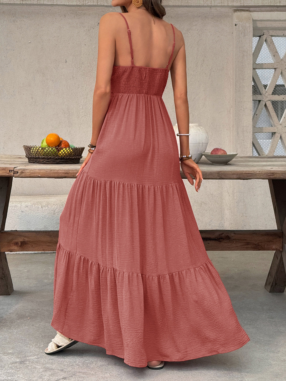 Deep V-Neck Tiered Maxi Dress in Red